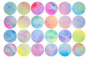 Watercolor multicolored paint circle texture. Abstract hand-painted textures. Set of 24 watercolor circle elements for web design, cards, buttons. On isolated transparent background, png.