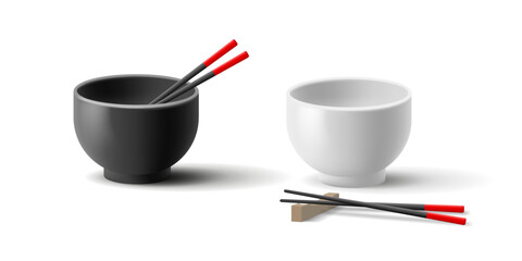 Black and white empty deep bowl with chopsticks, 3d. Asian cuisine. Modern vector for design on white background.