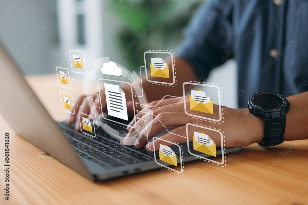 Aufkleber Online documentation database and document management system concept. A businessman works on his laptop with a virtual screen. Process automation is needed to efficiently manage files.