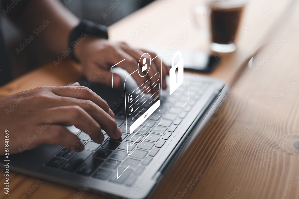 Poster username and password, the idea of cyber security, data protection, and secured internet access