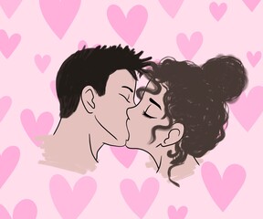 illustration. French kiss of a young couple, a brunette guy passionately kisses a curly brunette girl on a delicate pink background with pink hearts. Happy Valentine's day. romance concept