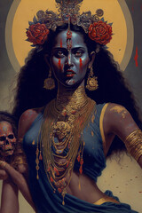 Maha Kali Deva Götting der Zerstörung verfällt dem Wahnsinn - Schrecken, Hass, Entsetzen, Grausam, Gewalt - hinduistisch religiöse Kunst für Poster, Hintergründe, T-shirts - obrazy, fototapety, plakaty
