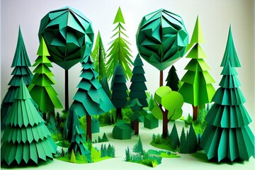 Green forest landscape paper origami.. Generative AI