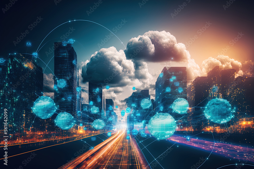 Poster concept of cloud technology with lines connecting the icons of several internet networks on a digita