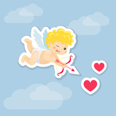 Cute flying Cupid with bow and arrow. Printable vector sticker illustration