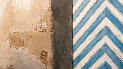 Puerta r&uacute;stica de madera pintada a rayas azul y blanca y muro de piedra