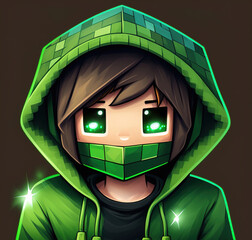 Boy character with green eyes and a green hoodie from minecraft, ai art