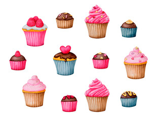A set of cupcakes and chocolate. Collection of watercolor elements for design of cards, invitations, menus, logos, labels, tags. Cliparts for Valentine's Day, birthday, wedding, children's holiday.