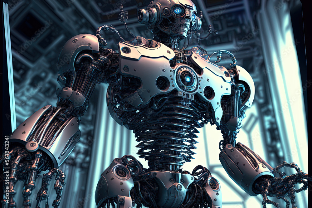Poster biomechanical data processing robot in futuristic setting. generative ai