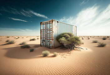 Illustration of a cargo container lost in the desert. Generative AI