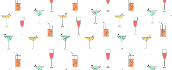 Seamless pattern with cocktails collection, alcoholic and non-alcoholic summer drinks with ice cubes of lemon, lime, and mint. Whiskey with ice, tequila, vodka, sambuca, mojito. Vector illustration 