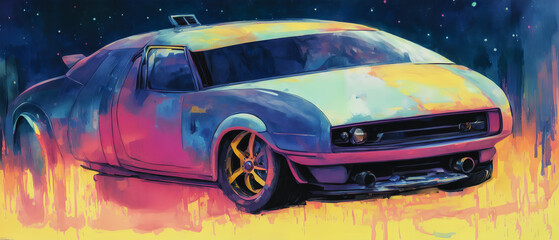 An abstract cosmic vehicle is set against a background of swirling galactic dust in this painting. The use of bright and bold colors, as well as dynamic brushstrokes. Generative AI