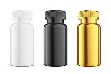 White, black, gold medicine bottles mockup template isolated on white. 3D rendering.