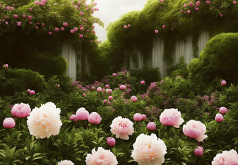 Fototapeta premium Illustration of spring and summer of blooming field with peonies during golden hour Generative AI