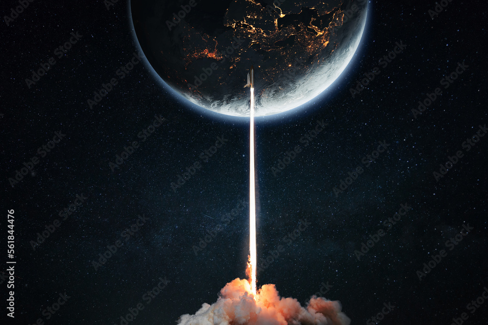 Poster New technology space shuttle rocket with light blast and smoke successfully launch into space with blue planet Earth with night city lights. Spaceship take off. Science, creative idea