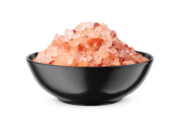 Himalayan coarse salt in black bowl isolated on white. Front view. - obrazy, fototapety, plakaty