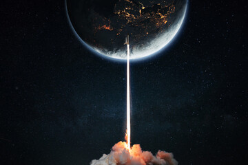 New technology space shuttle rocket with light blast and smoke successfully launch into space with...