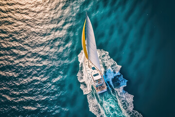 Incredible view of a yacht sailing in the open ocean on a windy day. Birds eye view from a drone. Enhance color processing. Generative AI - obrazy, fototapety, plakaty