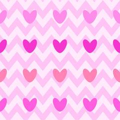 seamless pattern with pink hearts on zigzag background. Geometric vector design. Love, Valentine's day concept