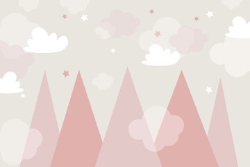Mountains and clouds. For baby wallpapers, decor, web banners, posters. Vector illustration. Children's wallpaper. Hand drawn in scandinavian style. Mountain landscape. - obrazy, fototapety, plakaty