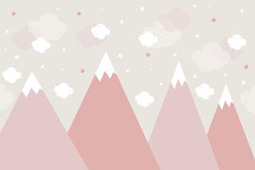 Mountains and clouds in dusty pastel colors. For baby wallpapers, decor, web banners, posters. Vector illustration. Children's wallpaper. Hand drawn in scandinavian style. Mountain landscape.