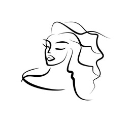 Woman face icon. Lush hairstyle. Minimalistic portrait of a young woman. Beauty salon icon. Cosmetology logo.