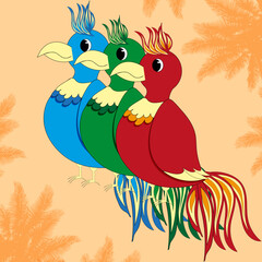 Art with a colorful parrots with a multicolored tail and crest on a tropical background with palm tree silhouette. Backdrop with tropical birds. Website banner for a zoo or travel agency.
