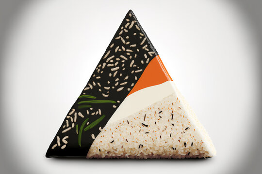 Triangle kimbap in Korean Similar to Japanese rice ball onigiri, samgak is created with nori, rice, and tuna fish. Horizontal. Generative AI