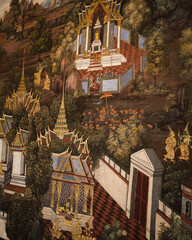 Fototapeta premium Wandmalerei des alten buddhistischen Tempels, des Lebens von Buddha, im Wat Pho in Bangkok, Thailand