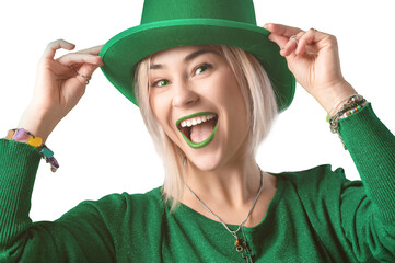 St. Patrick's Day celebration. Beautiful smiling woman wearing green hat. Green eye woman.