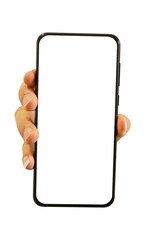 Hand holding mobile smartphone with blank transparent screen and background - PNG file.