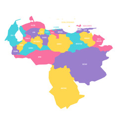 Venezuela political map of administrative divisions - states, capital district and federal dependencies. Colorful vector map with labels.