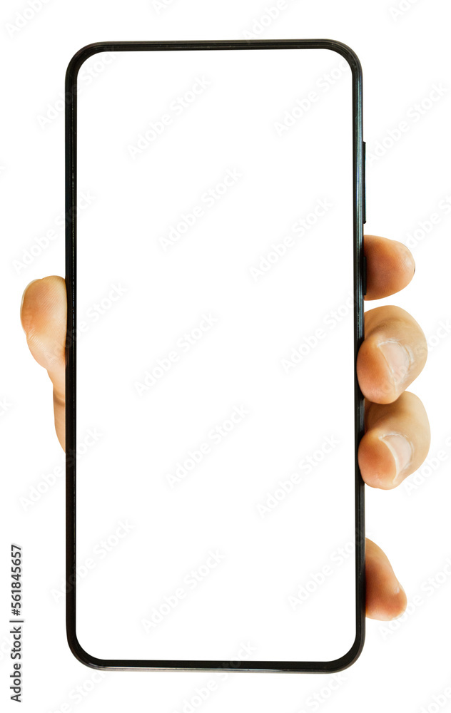 Sticker hand holding mobile smartphone with blank transparent screen and background - png file.