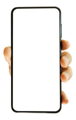 Hand holding mobile smartphone with blank transparent screen and background - PNG file.