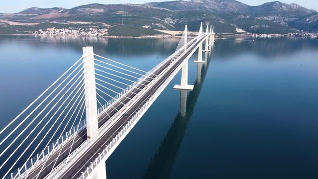 Aerial footage of newly built Pelje&scaron;ac bridge in Croatia