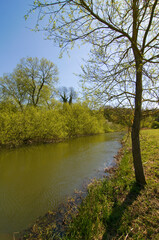 The River Cherwell in Oxfordshire, bright sunny day, blue sky