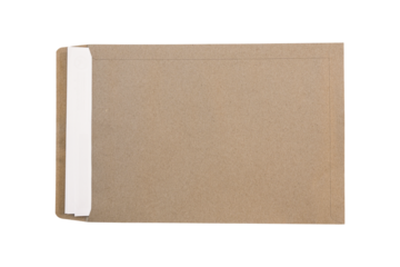 Brown envelope with white paper inside isolated on transparent background PNG file.