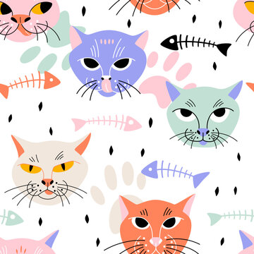 Funny hand drawn cat faces on white background with abstract decor. Vector seamless pattern with colorful modern animals.