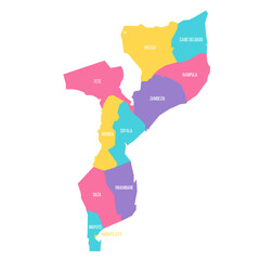 Mozambique political map of administrative divisions - provinces and capital city of Maputo. Colorful vector map with labels. - obrazy, fototapety, plakaty