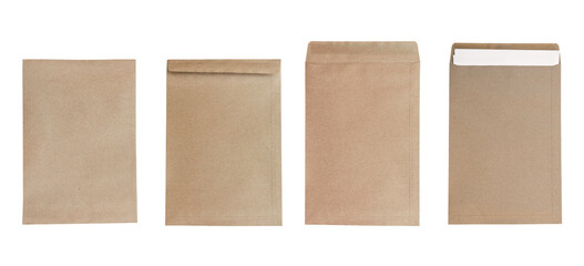 Brown envelope front and back with white paper inside isolated on transparent background PNG file.