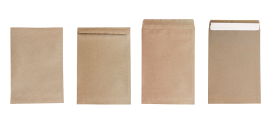 Brown envelope front and back with white paper inside isolated on transparent background PNG file.