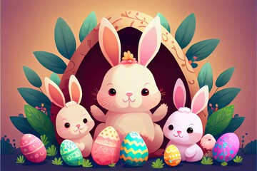 Cute festive illustration with easter eggs and bunny.