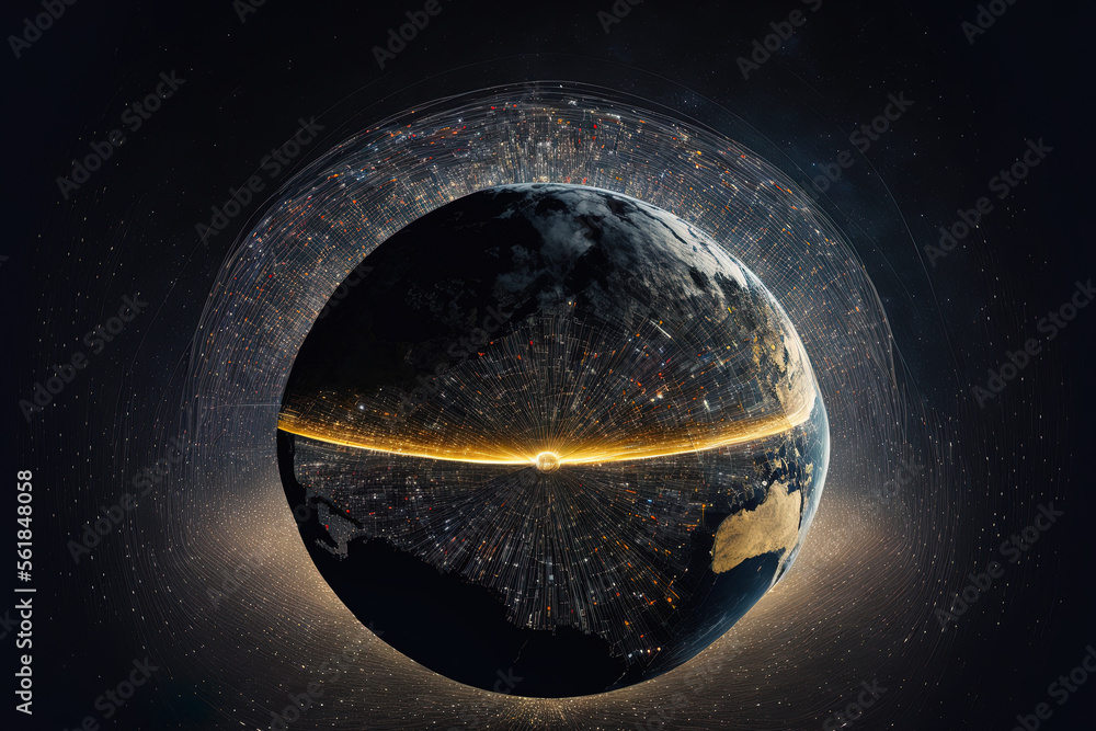 Poster view from space of earth with artificial satellites transmitting data via digital connections. gener