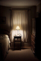 An ordinary looking bedroom, with a simple white dresser, a twin-size bed, and a window with a sheer curtain, painting