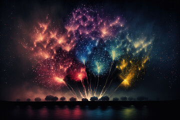 Variously colored fireworks display in the night sky. Generative AI