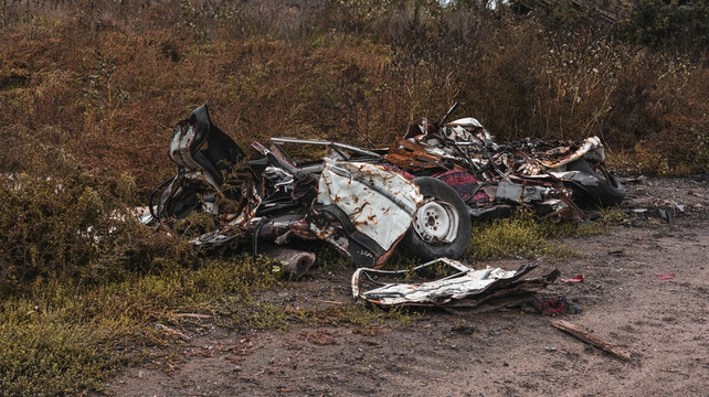 Car crushed by a tank, Kamyanka, Kharkiv region