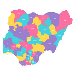 Nigeria political map of administrative divisions - states and federal capital territory. Colorful vector map with labels.
