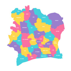 Ivory Coast political map of administrative divisions - regions and autonomous districts. Colorful vector map with labels.