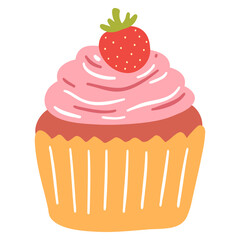 Hand drawn delicious cupcake in cartoon style. Vector illustration of sweets, dessert, pastries