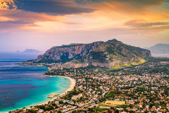 Sciacca,Palermo, Sicily, Italy in the Mondello borough from above at dusk. Sicily, Italy from the Port